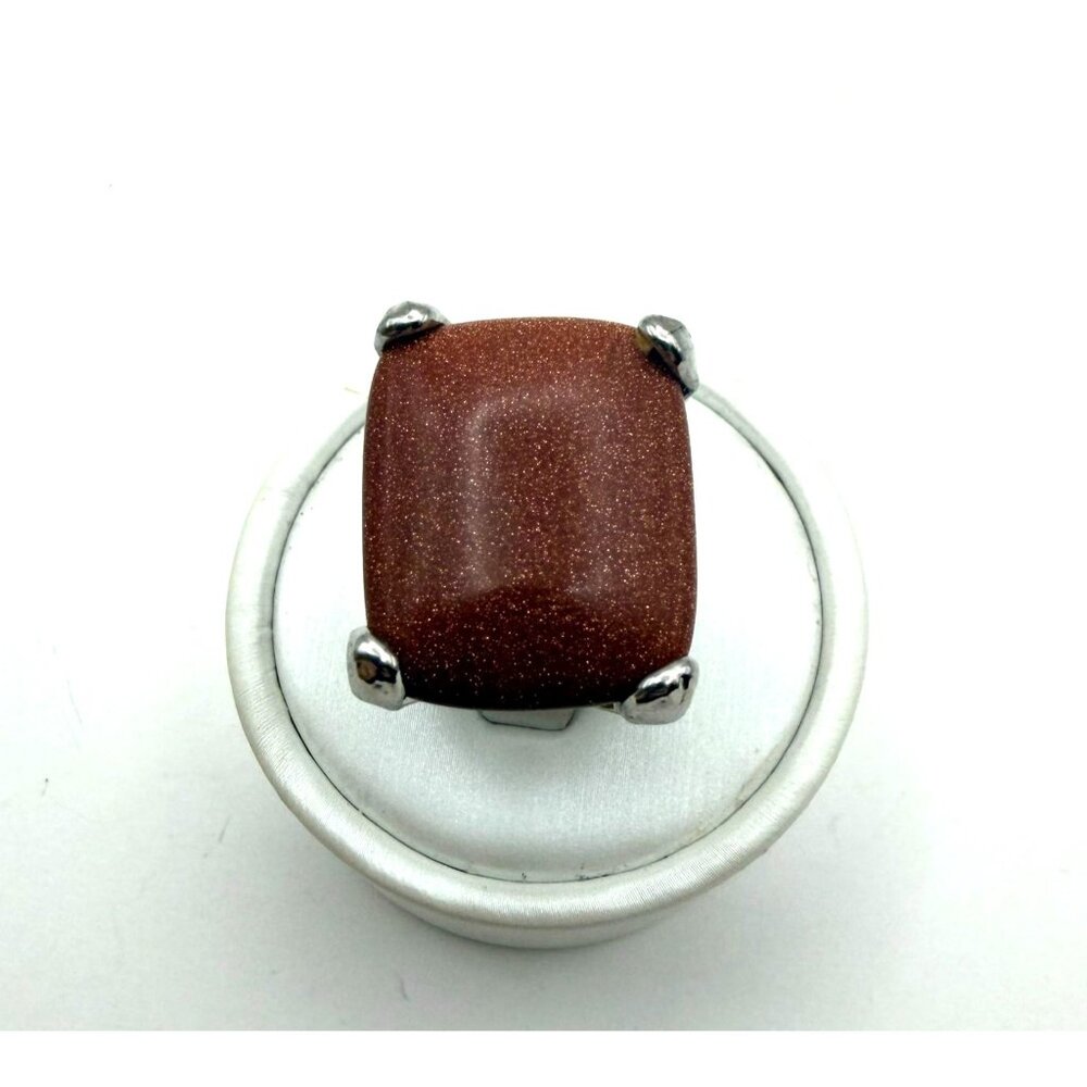 Modern Statement Ring Brown Goldstone Large Stone Silver Tone Adjustable